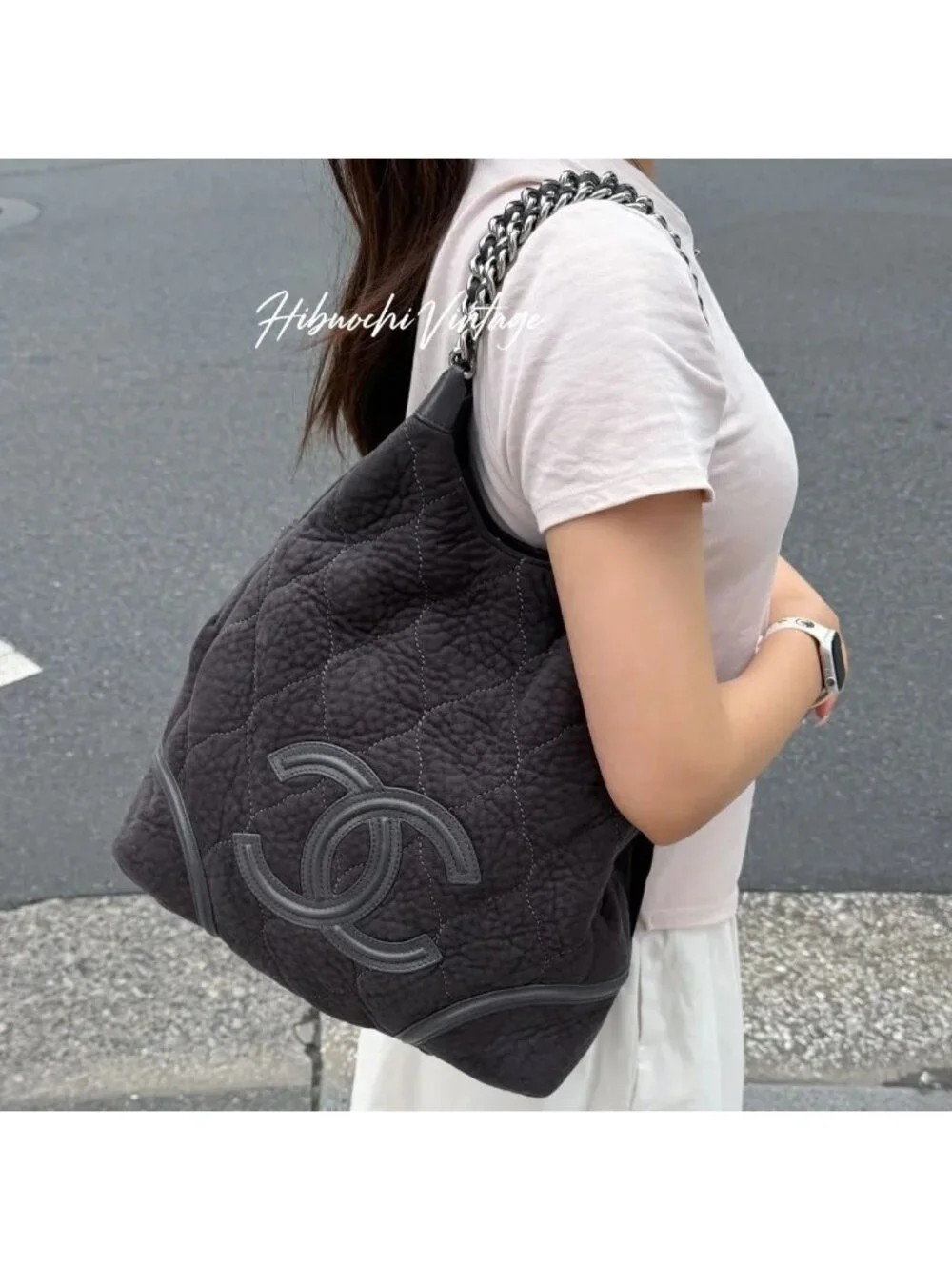Chanel Sports Line CC Logo Chain Shoulder Bag Suede Leather Gray Silver Vintage